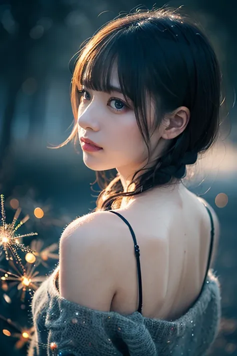  top quality , 32K,  RAW photos , incredibly absurdres,  extremely detailed ,  Texture,  beautiful woman looking back with a sad expression, Colorful light particles exploding in the mist,  wonderfully mysterious