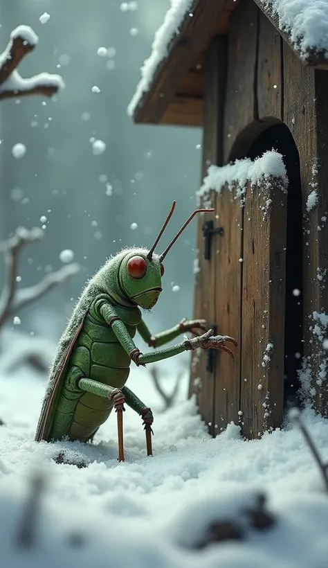 The desperate grasshopper knocking at the ant’s tiny wooden door as snow falls around him.