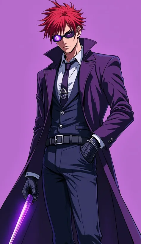 Anime style illustration , middle aged macular man with weird red haircut , one eye is cyborg eye , holding a purple plasma knife ,  wearing cyberpunk cyborg suit and wearing a long purple cyber coat , cyber sunglass , in purple background 