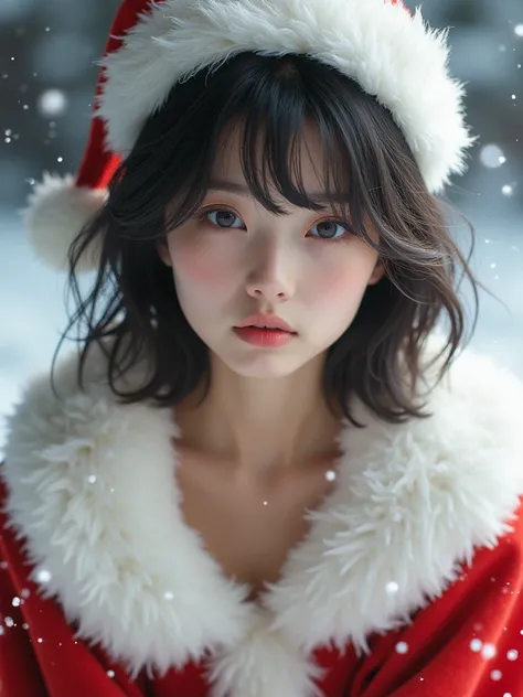 real photograph, (masterpiece), (Best Quality), (Super detailed), (messy hair ), ( A Japanese girl ), (White Santa Claus Costume), sitting,  fashion model , (glitter white Christmas fantasy world background),  more beautiful and delicate eyes than keelthee...