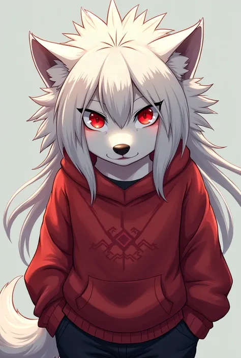 furry wolf, greedy, Long white hair with bangs , Ojos rojos, red sweater,  black pants , Anime style, furry wolf 