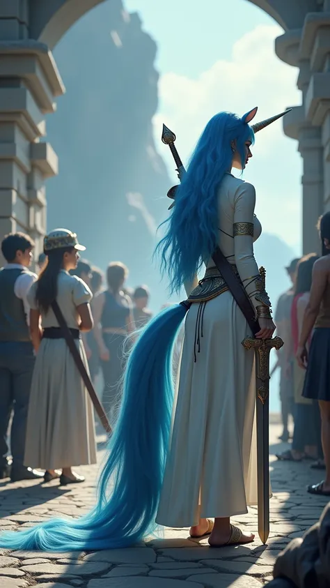 fantasy world， A Human Weapon Woman， Blue Unicorn Tail Long Hair , white body，Handmade Sword ， high detail（1.2），precise， watching people  , 8k Octagonal Rendering, 