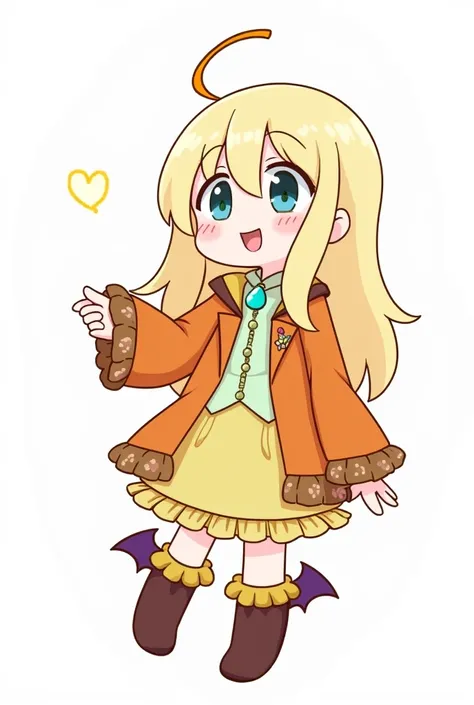 The image depicts a stylized cartoon character, possibly a young girl, dressed in whimsical, layered clothing.
The character has long, light blonde hair, large expressive eyes, and a cheerful expression. She wears an orange jacket with floral detailing on ...