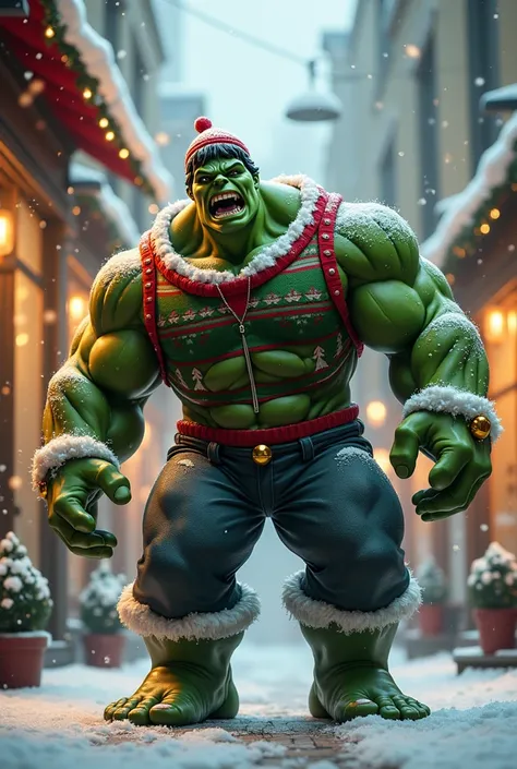 Hulk in Christmas attire singing, realises that girl door of a shop next to him  breaks after his loud voice, and gets startled.