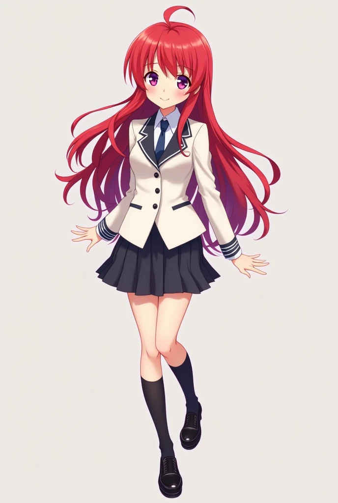  anime-style girl with red hair and purple eyes,  shirt she is wearing a white blazer ,Along with a ,a black skirt, tie, socks,  Shoes, 