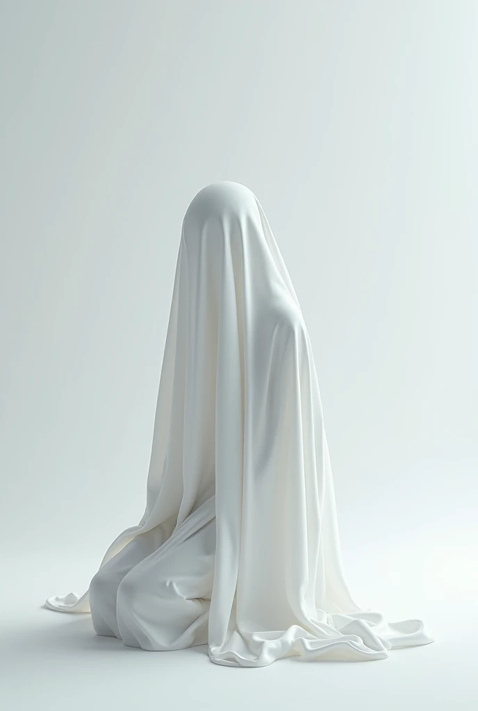 Sheet ghost, white opaque sheet, kneeling, faceless, white room