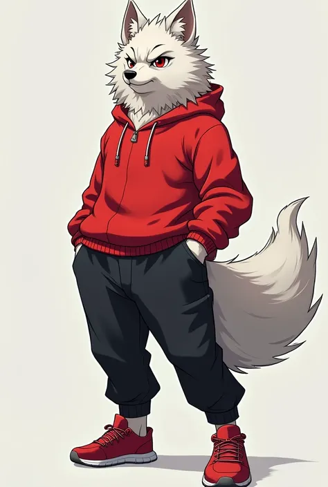 furry wolf, greedy, Long white hair with bangs , Ojos rojos, red sweater,  black pants , Anime style, furry wolf, Red sneakers, arte conceptual,  full body, high, Shizuko the wolf 