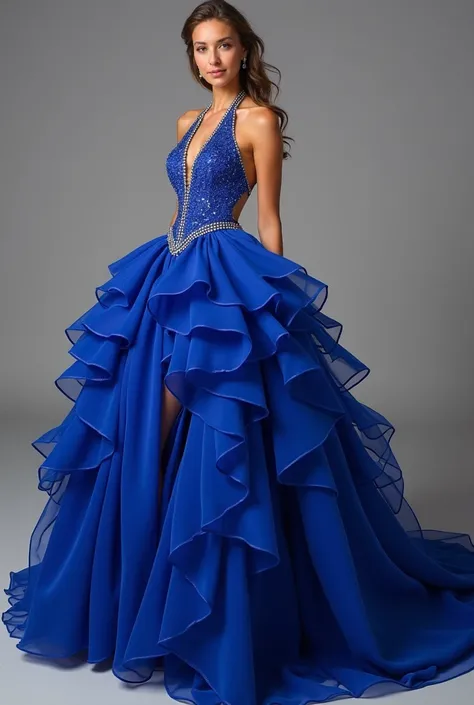 A royal blue prom dress with a long, bright ruffled skirt, a slit in the skirt for leg movement. Top of dress is a sparkly halter top, not very noticeable corset. The back is open