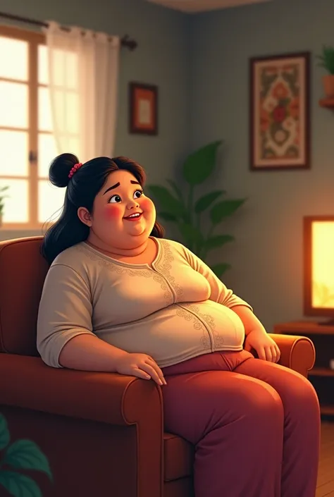 Cute little fat Indonesian woman wearing Kutang is sitting on the living room sofa of her house watching tv