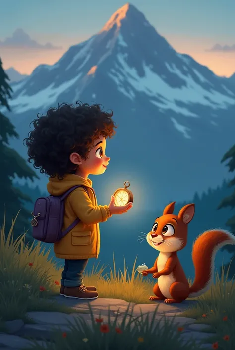 mia the young girl  with a curly hair  the skin colour is brown little now  with the compass in hand  is joined by a  cheerful squirrel with a bushy tail they are standing  at the base of a tail mountain looking up with excietment  the compass glows softly...