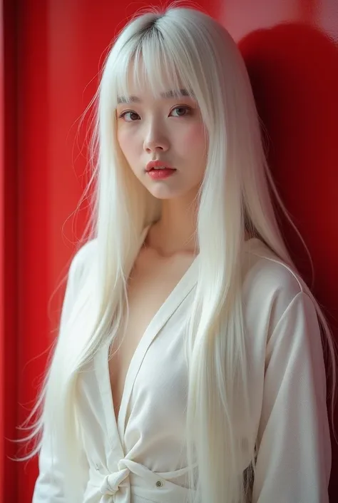 there is a woman that is standing in front of a red wall, with long hair, with white long hair, low quality photograph, hair whitebangs hair, 🤤 girl portrait, with long white hair, with bangs, very very low quality picture, low quality photo, the hime cut,...