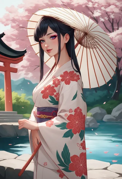 A young Japanese woman, 18 years old, wearing a traditional floral yukata, standing gracefully under a blooming sakura tree. Her long black hair flows gently in the breeze, and she holds a delicate paper umbrella adorned with intricate patterns. Her expres...