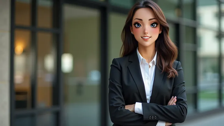 A 35-year-old woman named Loan, working as a real estate consultant and broker. She has a professional and confident appearance, wearing a black blazer paired with either long trousers, a black blazer with a short skirt, or a white button-up shirt with jea...