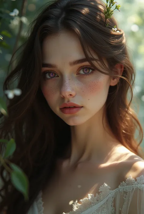 Pretty woman with freckles, long brown hair and eyes, one brown and one purple, feminine almost fantasy world   