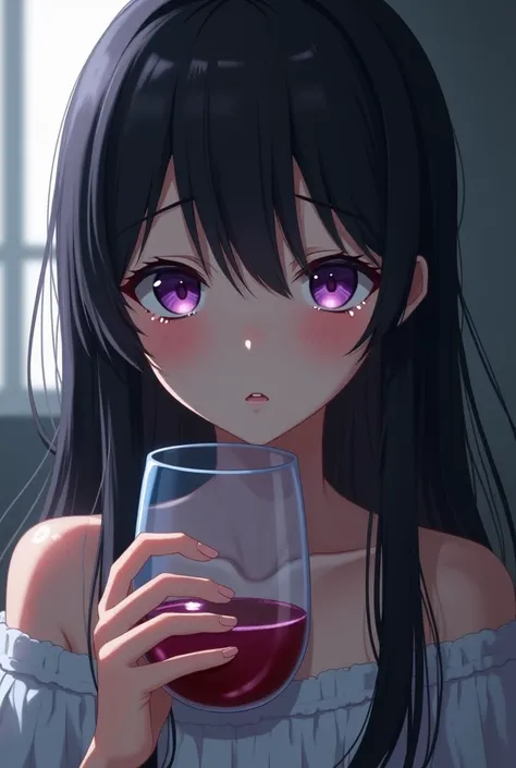 An anime girl with black hair  .  Her eyes are purple and her makeup is gone because she cried .  She has pale skin and a hangover in her hand  