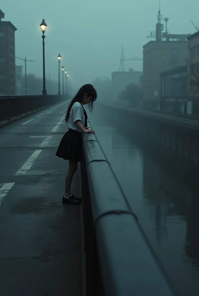 sad schoolgirl crawls over the bridge railing and wants to jump into water photo