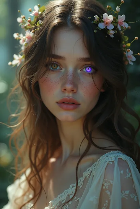 Pretty woman with freckles, long brown hair and brown eyes and another purple eye, feminine almost fantasy world 