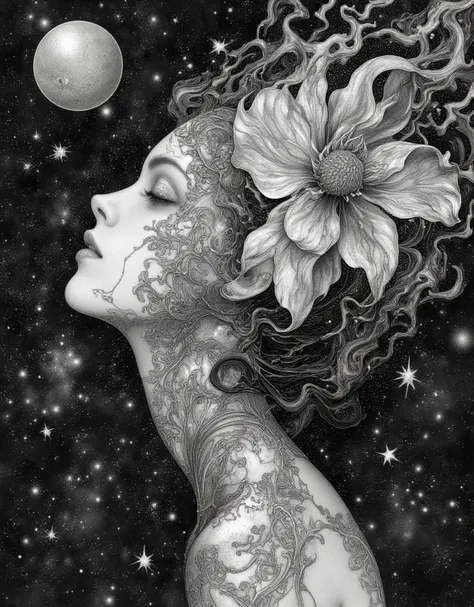 a woman with a flower in her hair, face melting into the universe, by Virgil Finlay, inspired by Dan Hillier, Starry space, disney and dan hillier, moebius and dan hillier, inspired by Virgil Finlay, in the astral plane, intricate charcoal illustration, st...