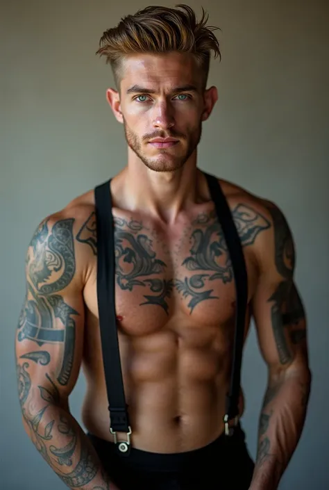 Caucasian waiter handsome and sexy tall body marked muscular blonde greyish blue eyes tattoos completely jewelry 24 years old 