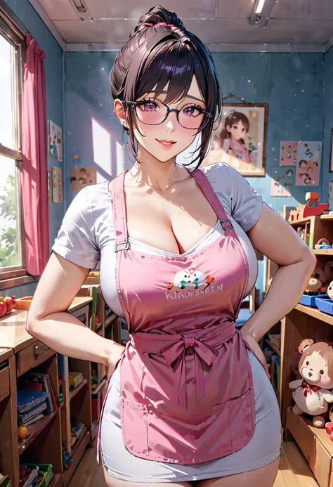 refined fur, friendly, cheerful, happiness, glasses, (kindergarten teacher, pink apron, kindergarten:1.3), (adult women:1.5),large breasts,(in the s room:1.2), ren’s toy, in the daytime, gentle smile)(35 year old woman, mature female:1.2),depth of field, p...