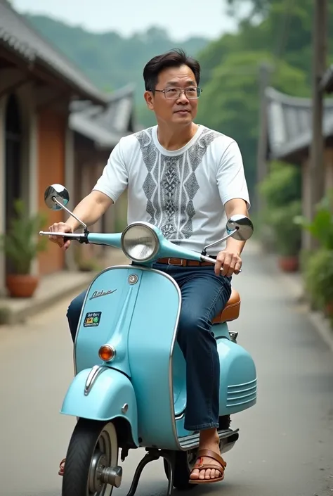 a 50 year old Korea man,perfect and shirt hair,wearing a stenlist steel glasses,wearing white batik motif t shirt,dark blue jeans,brown belt and brown sandals,riding a light blue vintage vespa 1960 on the village street.high realistic,clear photo