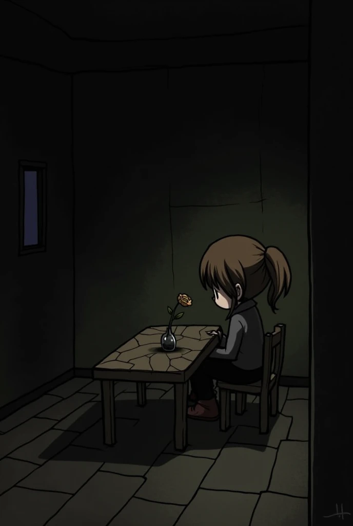 A dimly lit, small cottage with simple furniture. A  having a brown ponytail hairstyle sits alone by a cracked wooden table, staring at a wilted flower in a vase. The room feels empty, with a single window casting faint light on her downcast fac