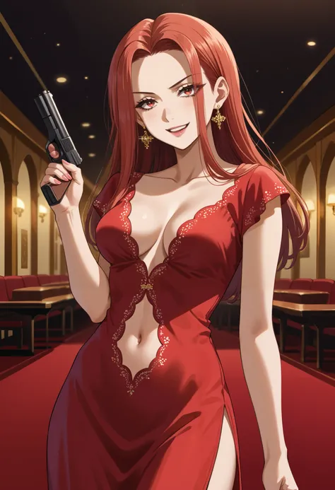 score_9, score_8_up, source_anime, 1girl, solo, SoryuinShion, long hair, parted bangs, cleavage, red dress, smirk, masterpiece, best quality, highly detailed, a anime girls in long dress with navel cutout posing for a
picture, evil smile, smile, open mouth...