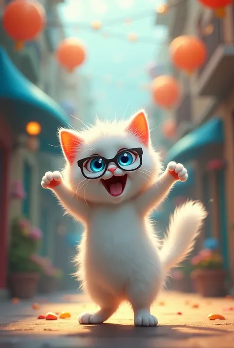 A white cat with blue eyes, wearing glasses, dances and sings happily. The image moves beautifully on its back.