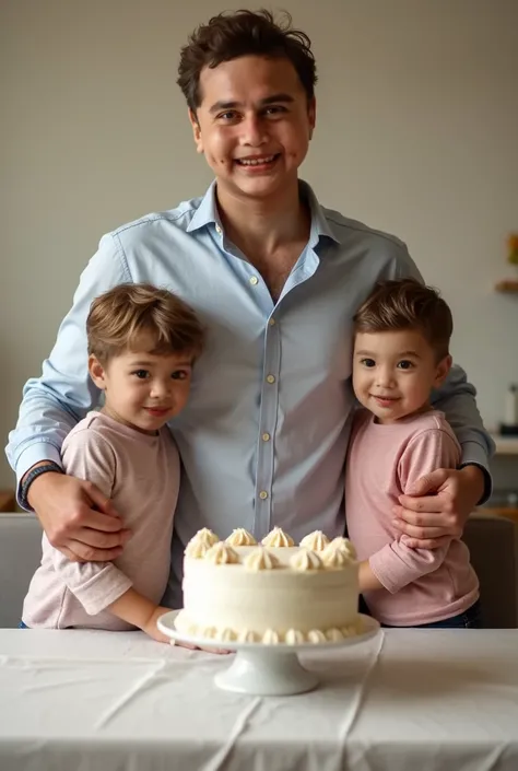 Based on this photo, help me to make photo the father in the middle and the boys twin the left and on the right. They celebrate mothers day with cake on the table