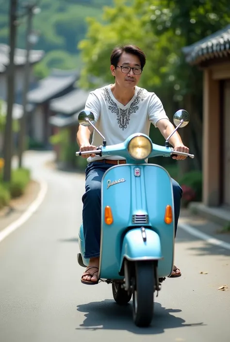 a 50 year old Korea man,perfect and shirt hair,wearing a stenlist steel glasses,wearing white batik motif t shirt,dark blue jeans,brown belt and brown sandals,riding a light blue vintage vespa 1960 full speed on the village street.high realistic,clear phot...