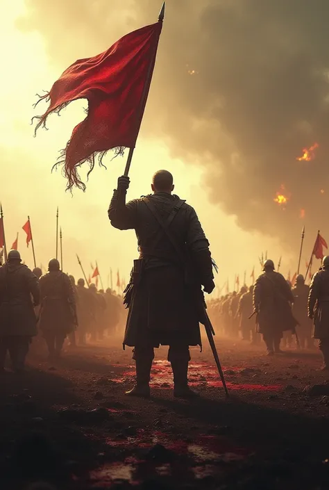 "A lone soldier, wounded and exhausted, raising a tattered banner high amidst the chaos of a medieval battlefield. Surrounding him, his comrades fight valiantly, with the enemy forces retreating in the distance. The ground is soaked with blood, and the air...