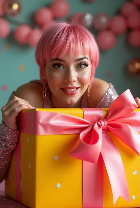 A young woman (ultra hot gorgeous european, short pink hair, 24 years old, gray eyes) peeks out from a large, brightly colored gift box, creating an atmosphere of surprise and joy. The box is decorated with vibrant wrapping paper and a big glittery bow. He...