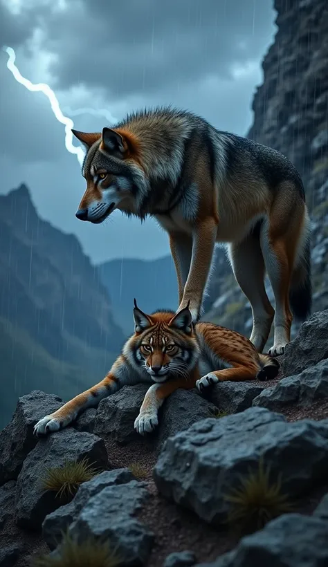 On a rugged, stormy mountain cliff, a dominant wolf stands powerfully over a defeated lynx. The wolfs wet fur glistens under flashes of lightning in the dark, storm-filled sky. Raindrops are visible on its coat, and its claws grip the rocky surface as it p...