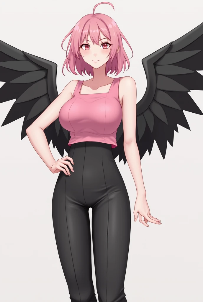 style:  My Academic Hero 
Hair characteristics: rosy
Gender :Woman Skin: White
Eyes : and pink
Clothing : top rosa con pantaloneta negra
style: standing with one hand on the waist 
Plan :  full body
Other large  :  black wings 