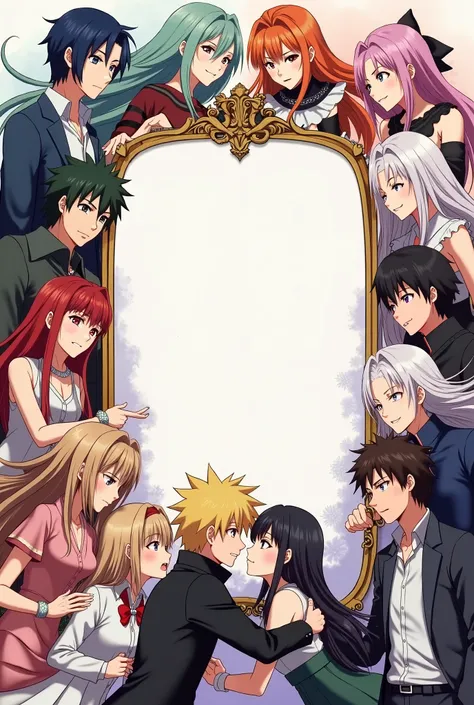  decorative frame with characters in dynamic poses, interacting with each other,  anime-style with the following anime characters OtonashixTachibana,  AshxSerena ,  JinTaxMeiko ,  RyujiXTaiga ,  MeliodasxElizabeth ,  BanXelein ,  AriMaxKaori ,  EdwardXwinr...