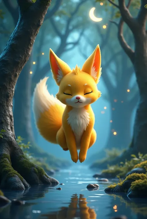 A hyper-realistic depiction of Abra, levitating serenely in a mystical forest glade bathed in twilight. Its small, fox-like body is covered in soft, golden fur with subtle textures that catch the light. Its closed eyes suggest a deep state of concentration...