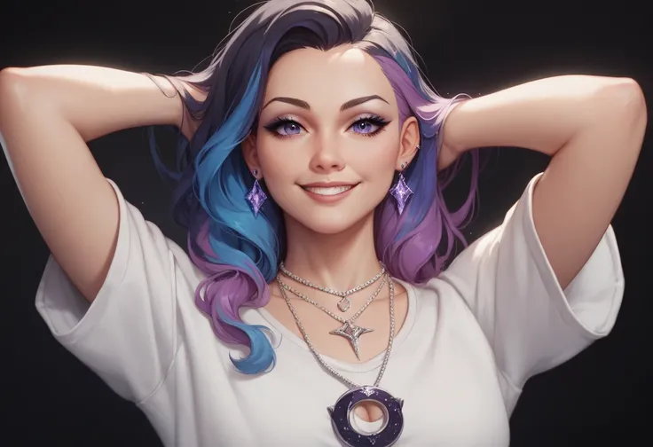 masterpiece, One girl ,Alone,  Light Smile,  metal necklace ,  white shirt, Modern, accessories,  purple and black two-tone hair color, Unique Hairstyle ,  chest ,  black background