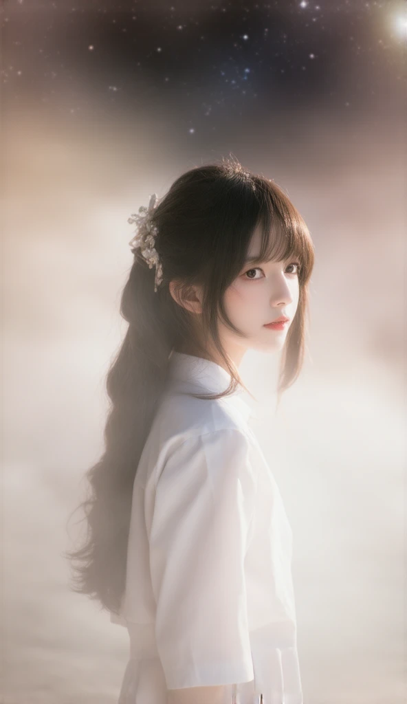 A highly detailed and ((realistic photograph)) of a young Japanese high school girl. The character has long brown hair. The setting is natural with soft sunlight, emphasizing the intricate details of her clothing.　 A celestial storyteller spins tales of an...