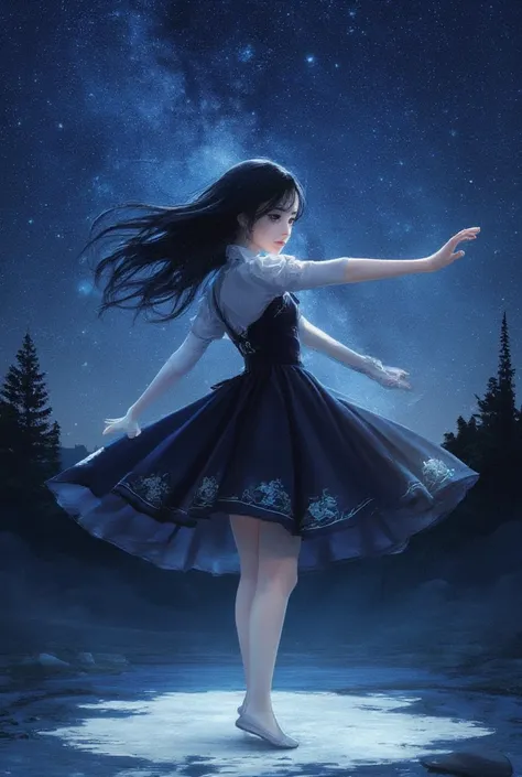  girl　 starry sky 　 Witch Uniform　 long black hair 　dance　 small tits　 Fantastic