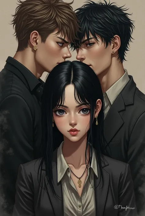 Dark haired girl in the center and two male love triangle drawing 