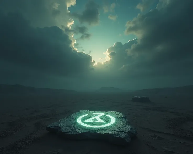 A symbolic representation of the trials associated with Dajjal, featuring a desolate landscape with dark, ominous clouds swirling in the sky. In the foreground, a broken stone slab displays a faint glowing symbol, representing chaos and trials. The atmosph...