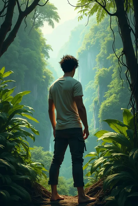 Young man face back against jungle background