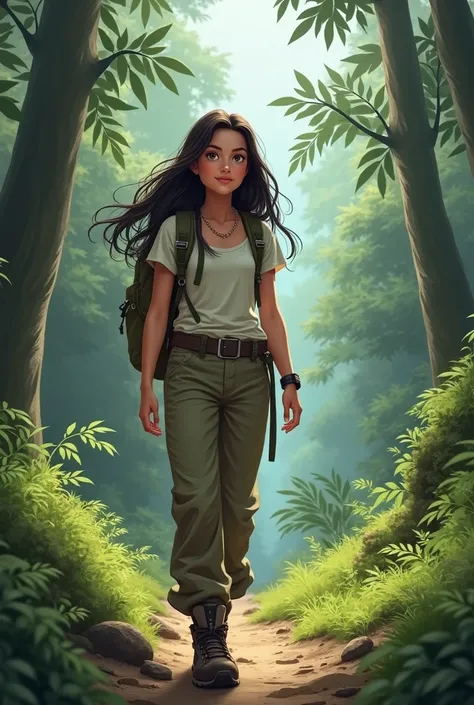 A girl with dark hair wearing long pants, hiking boots and a thin t-shirt.