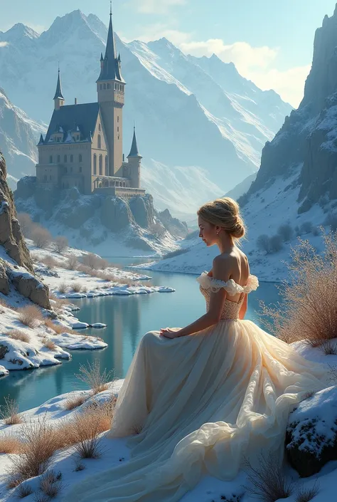 Lovely landscape with castle river mountains and snowy valleys and a Cinderella sitting beautifully there.