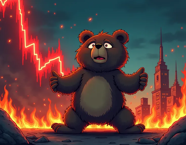 "Design a dramatic illustration of a bear market theme. Include a cartoon-style bear looking distressed or overwhelmed, with a background of a steeply falling red candlestick chart and a city engulfed in flames, symbolizing financial turmoil and crisis."

