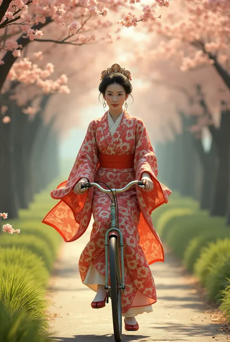 A serene morning scene unfolds as an exquisite 1900s Asian beauty, adorned in a vibrant graphic kimono, effortlessly pedals her bicycle along a tranquil path lined with lush greenery and cherry blossom trees. Soft morning light casts a warm glow on her del...