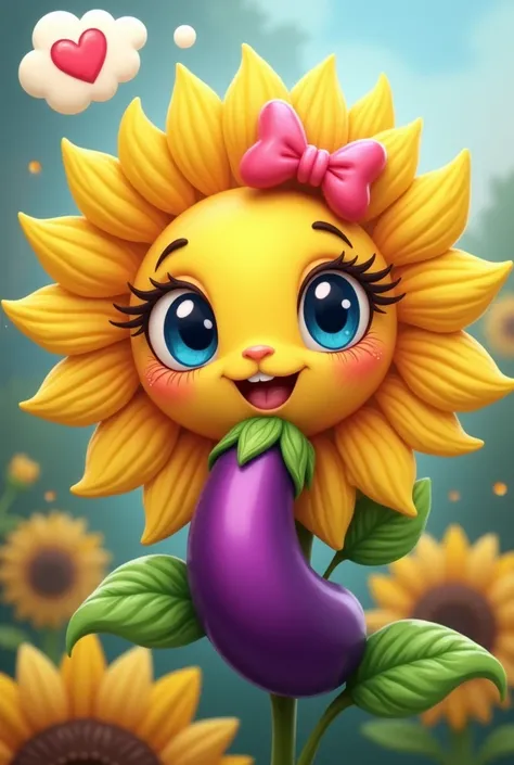 Sunflower plant with face long eyelashes, pink bow on head, blue eyes, sucking on eggplant, top thought speech "I love human ...eggplant", 