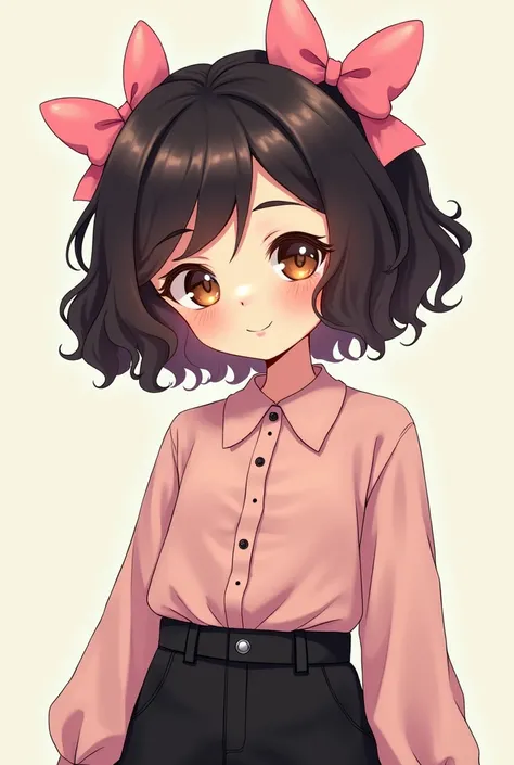 girl : short hair curly loose hair color black and brown bows pink 2 pairs long sleeve hairpin Pants - black