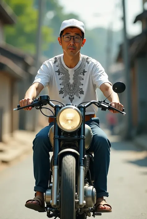 a 50 year old Korea man,perfect and short hair,wearinf a white baseball cap,wearing a stenlist steel glasses,wearing white batik motif t shirt,dark blue jeans,brown belt and brown sandals,riding a light black vintage honda 1960 full speed on the village st...