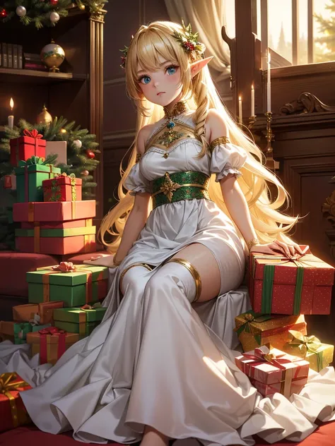 high quality, 8k. masterpiece, high quality, High resolution, 8k Ultra HD, Living room of the mansion. Xmas tree, a little elf princess is sitting on a luxurious chair with an unhappy face. her wearing white dress. She has blonde hair and a twin-drill hair...